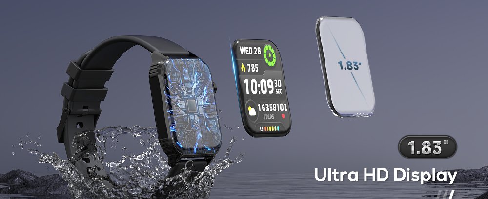 Text reads 'Image 7', 'Ultra HD Display', and '1.83''. Smartwatch display showing water resistance with splashing effect and multiple screen views.
